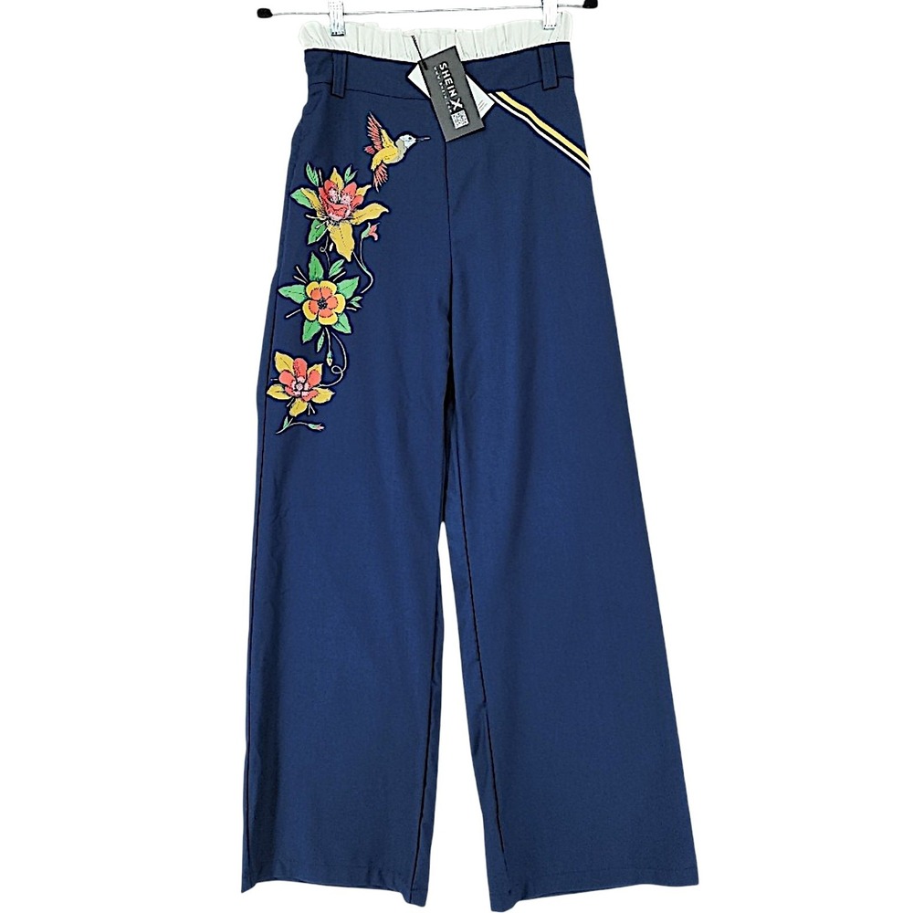 SHEIN Frida Kahlo Pants S Womens Blue Wide Leg Floral Hummingbird High Waist NEW